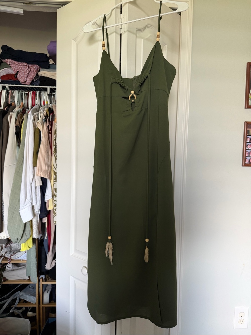 SHEIN Olive Green Spaghetti Strap Midi Dress with Bead Details